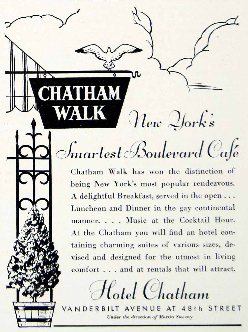 1934 Ad Chatham Walk Hotel Boulevard Cafe Wanderbilt Ave New York Martin YTR1
