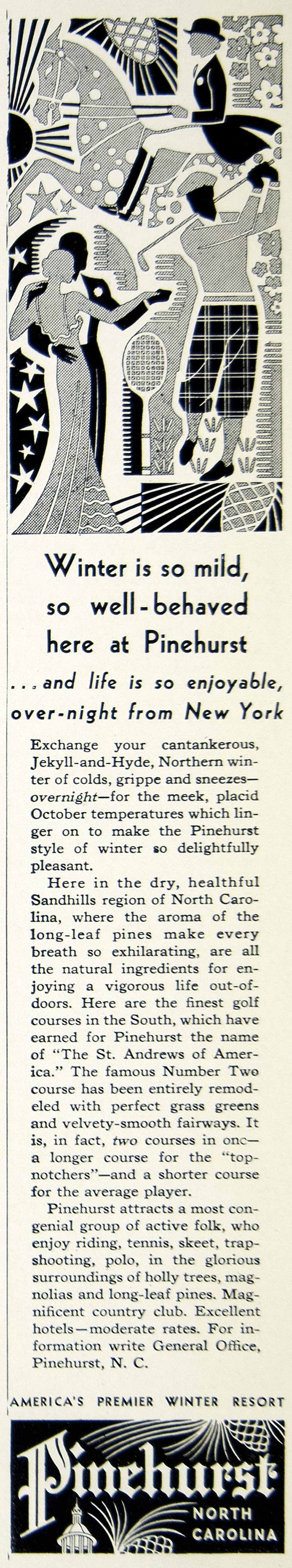 1936 Ad Pinehurst North Carolina Vacation Winter Resort Travel Holiday YTR1