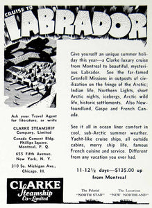 1938 Ad Labrador Clarke Steamship Cruise Canada Travel 655 Fifth Avenue YTR1