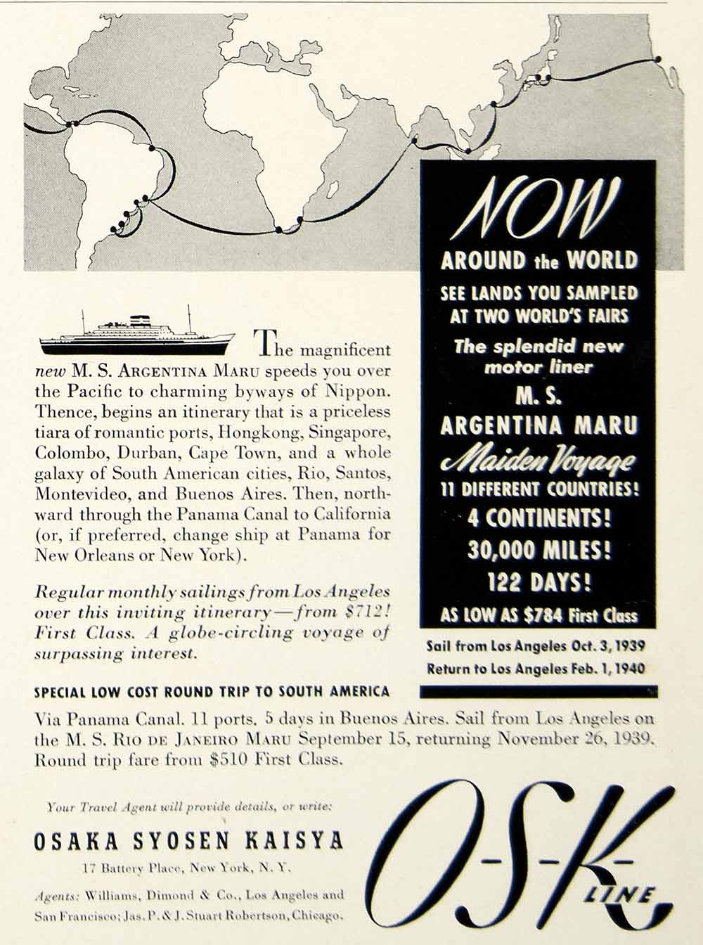 1939 Ad OSK Line Osaka Syosen Kaisya Argentina Maru Ocean Liner Travel Ship YTR1