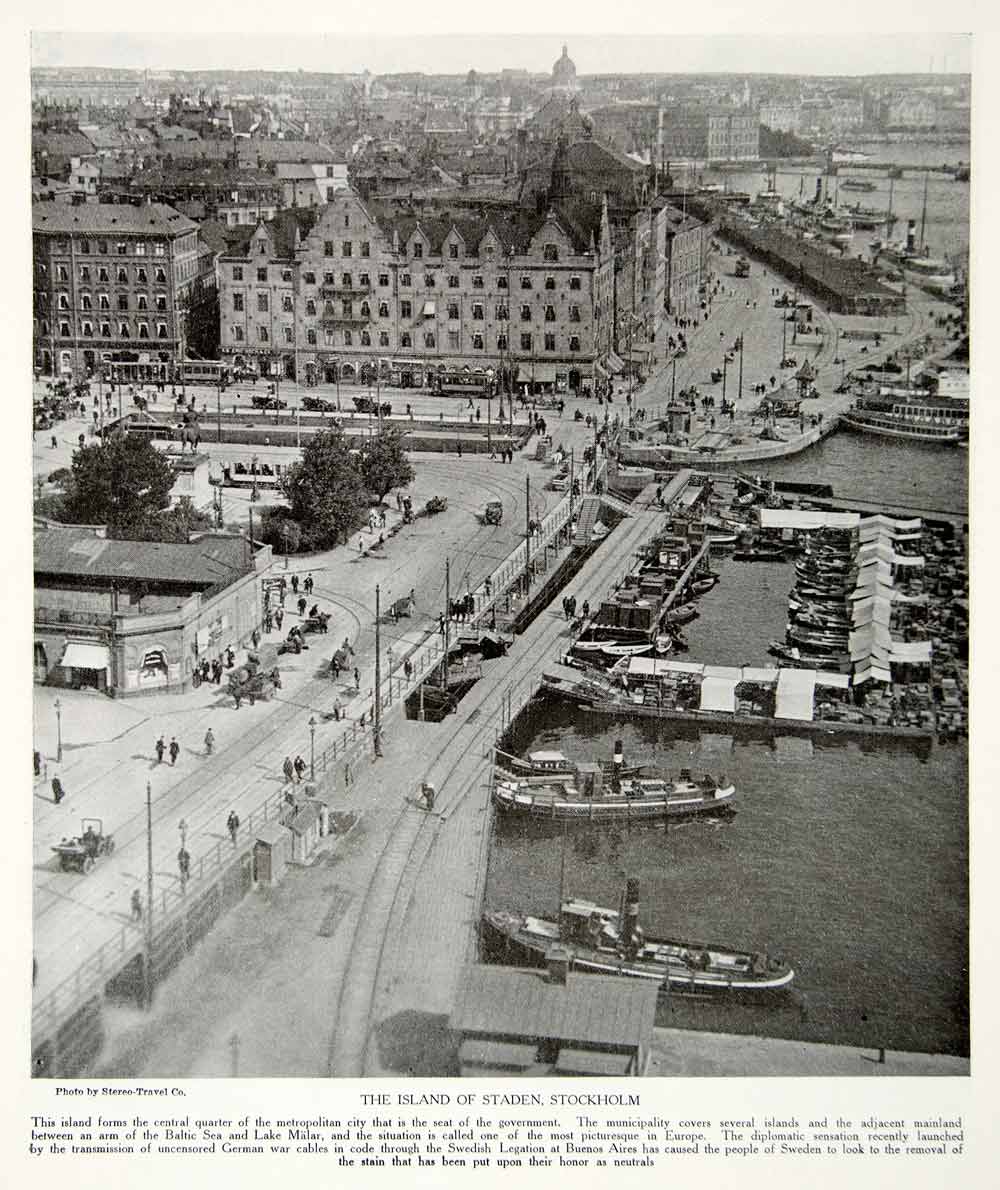 1917 Print Staden Stockholm Sweden Aerial View Cityscape Street Scene Dock YTR1