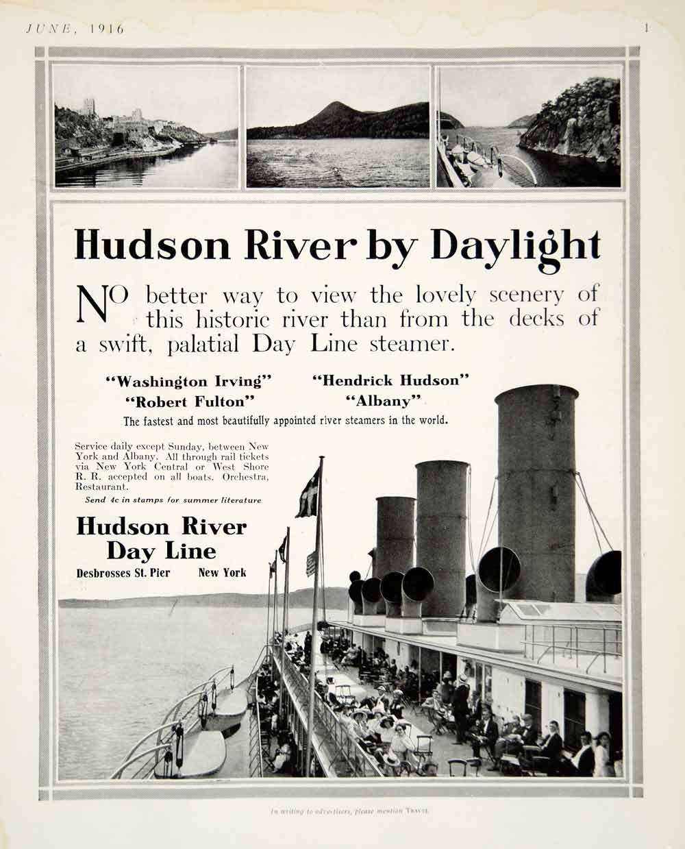 1916 Ad Vintage Hudson River Day Line Steamer Excursion Boat Desbrosses YTR2