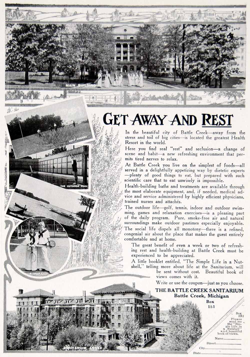 1916 Ad Battle Creek Sanitarium Michigan Building Health Resort Annex Pool YTR2