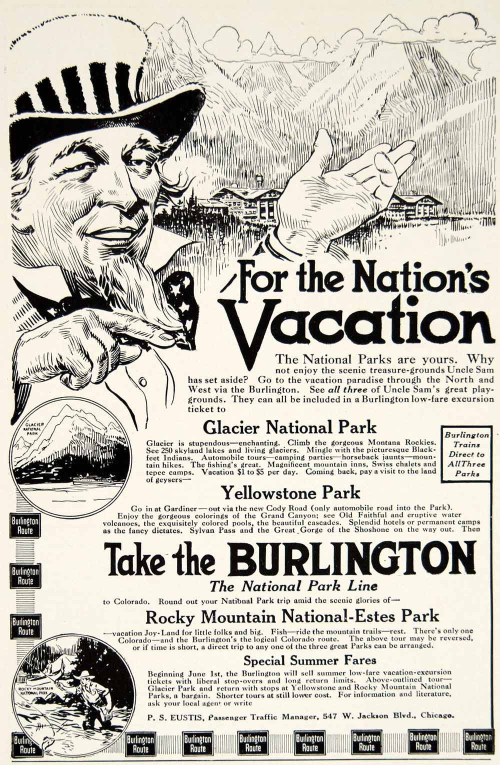 1916 Ad Burlington Railroad Train Uncle Sam Glacier Yellowstone National YTR2