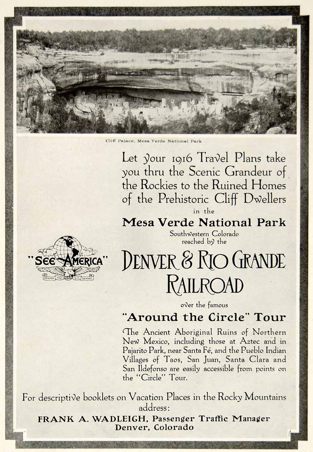 1916 Ad Denver Rio Grande Railroad Train Mesa Verde National Park Cliff YTR2