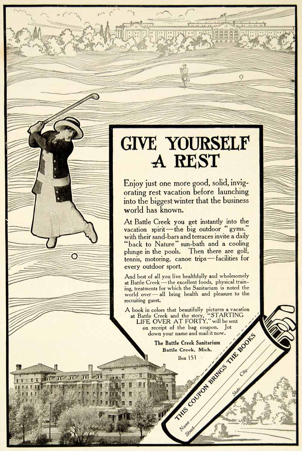 1916 Ad Battle Creek Sanitarium Building Michigan Woman Golfer Golfing YTR2