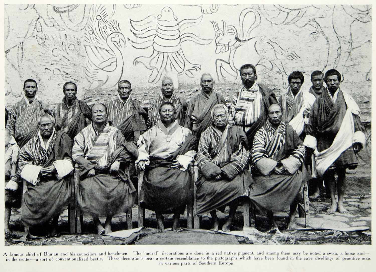 1916 Print Bhutan Chief Councilors Men Costume National Dress Mural Wall YTR2 - Period Paper
