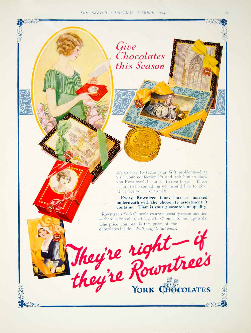 1924 Ad York Chocolates Rowntree Box Christmas Present Twenties Fancy YTS1
