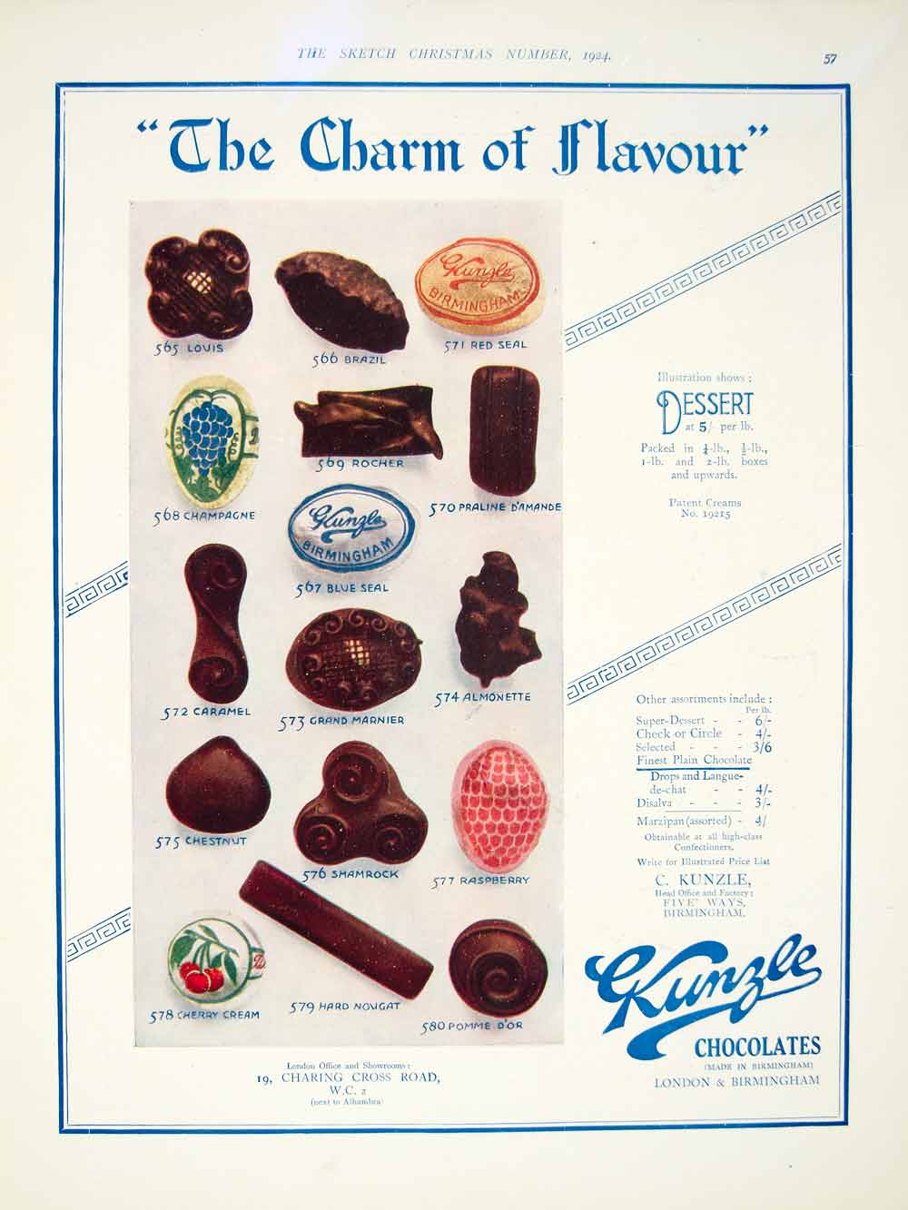 1924 Ad C. Kunzle Chocolates Grand Marnier Praline Caramel 19 Charing Cross YTS1