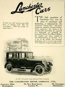 1925 Ad Lanchester Cars Automobile Four-Wheel Brakes 6 Cylinder Armourer YTS1