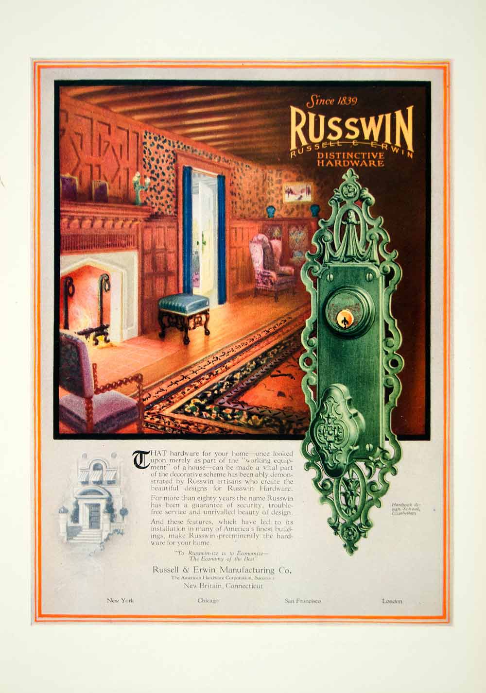 1924 Ad Russwin Hardware Doorknob Elizabethan Home Decor Keyhole Lock YTS2