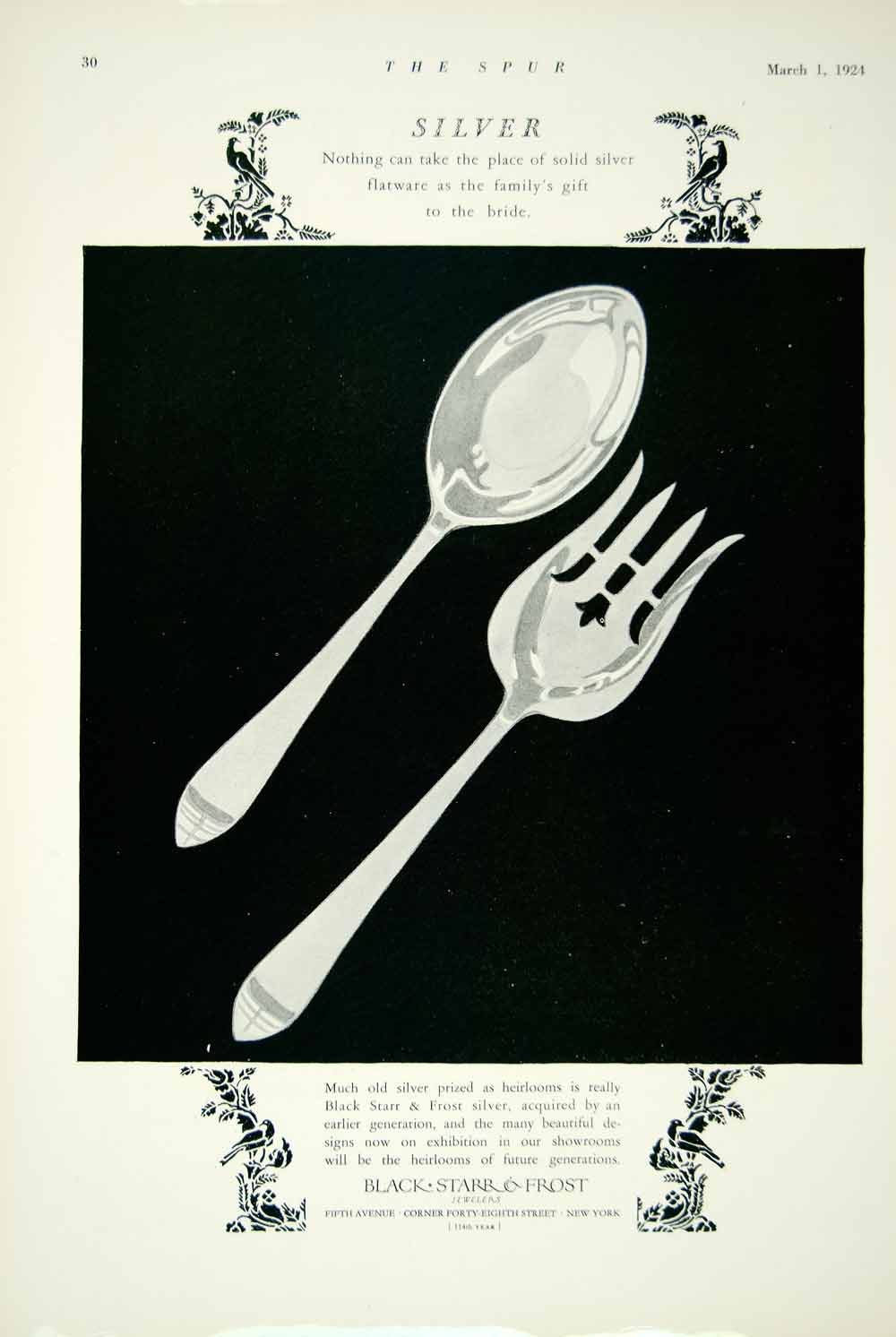 1924 Ad Black Starr Frost Jeweler 5th Ave New York Spoon Fork Silverware YTS2
