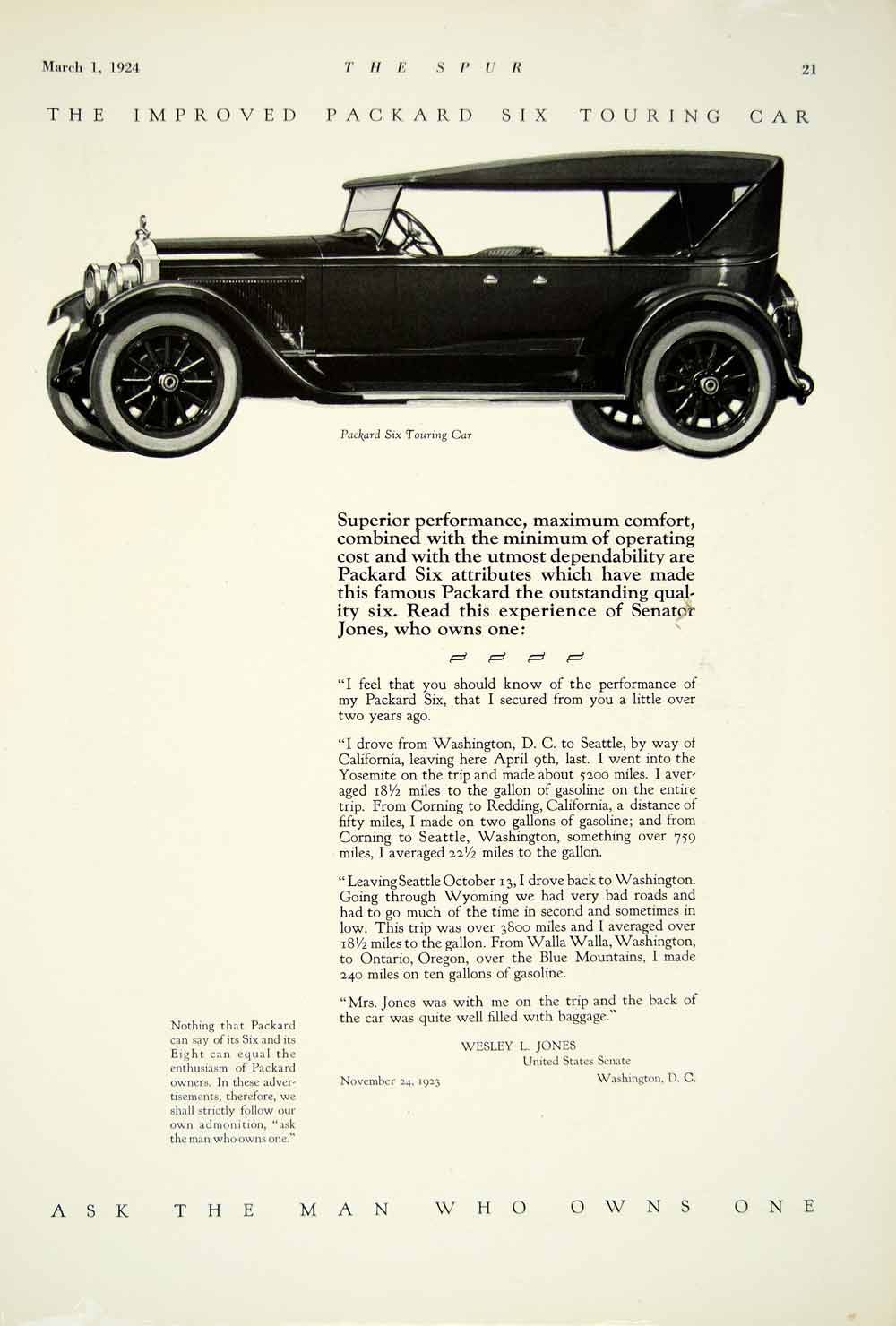 1924 Ad Packard Six Touring Car 4 Door Senator Wesley L Jones Luxury YTS2