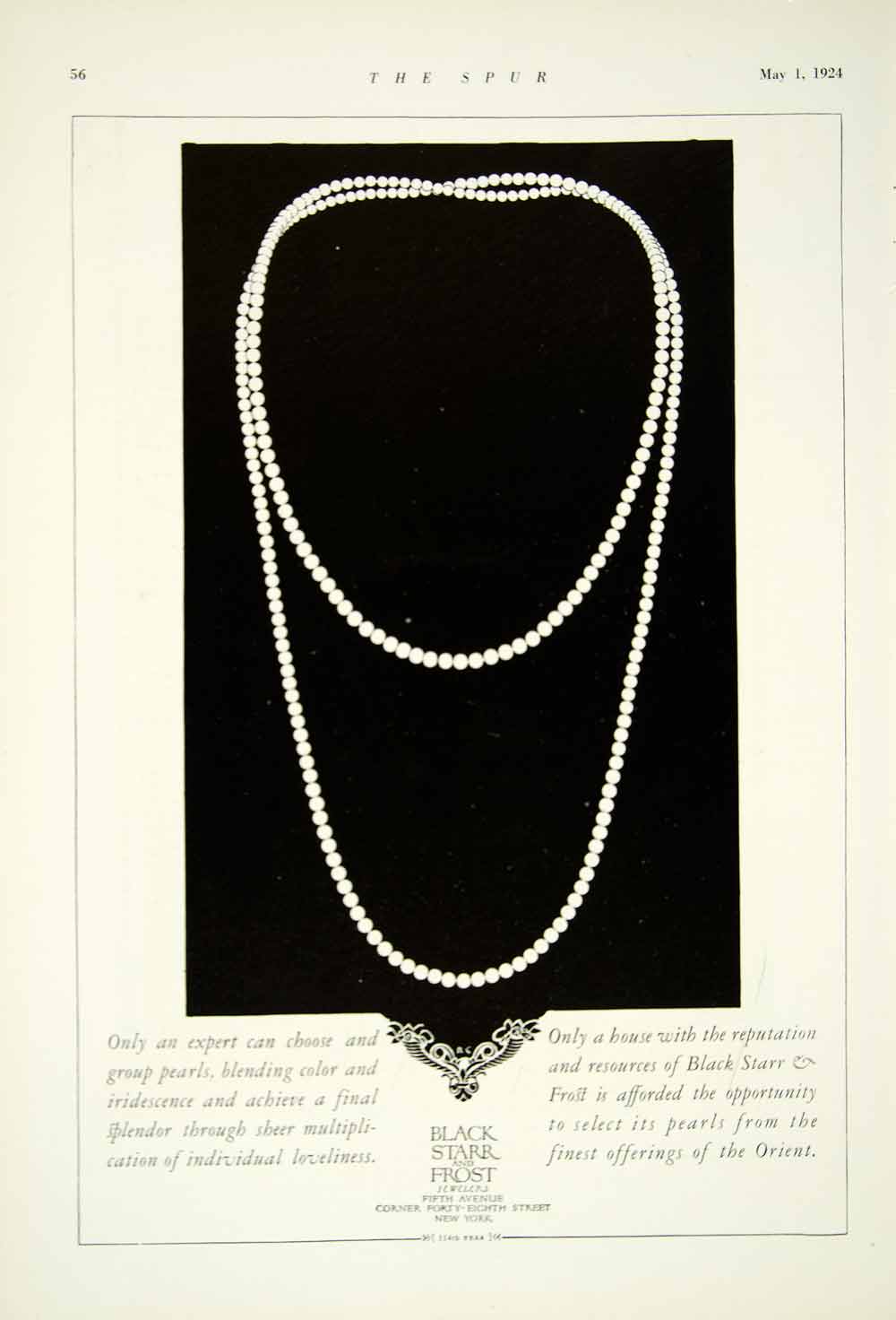 1924 Ad Black Starr Frost Jewelry Pearl Necklace Fifth Avenue 48th St New YTS2