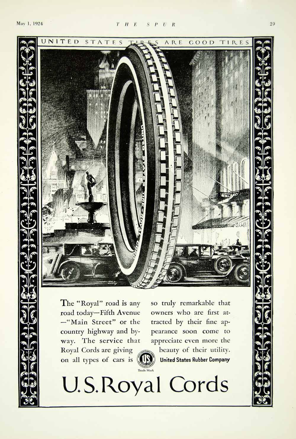 1924 Ad US Royal Cords Automobile Tires Tread Pattern Art Nouveau City YTS2