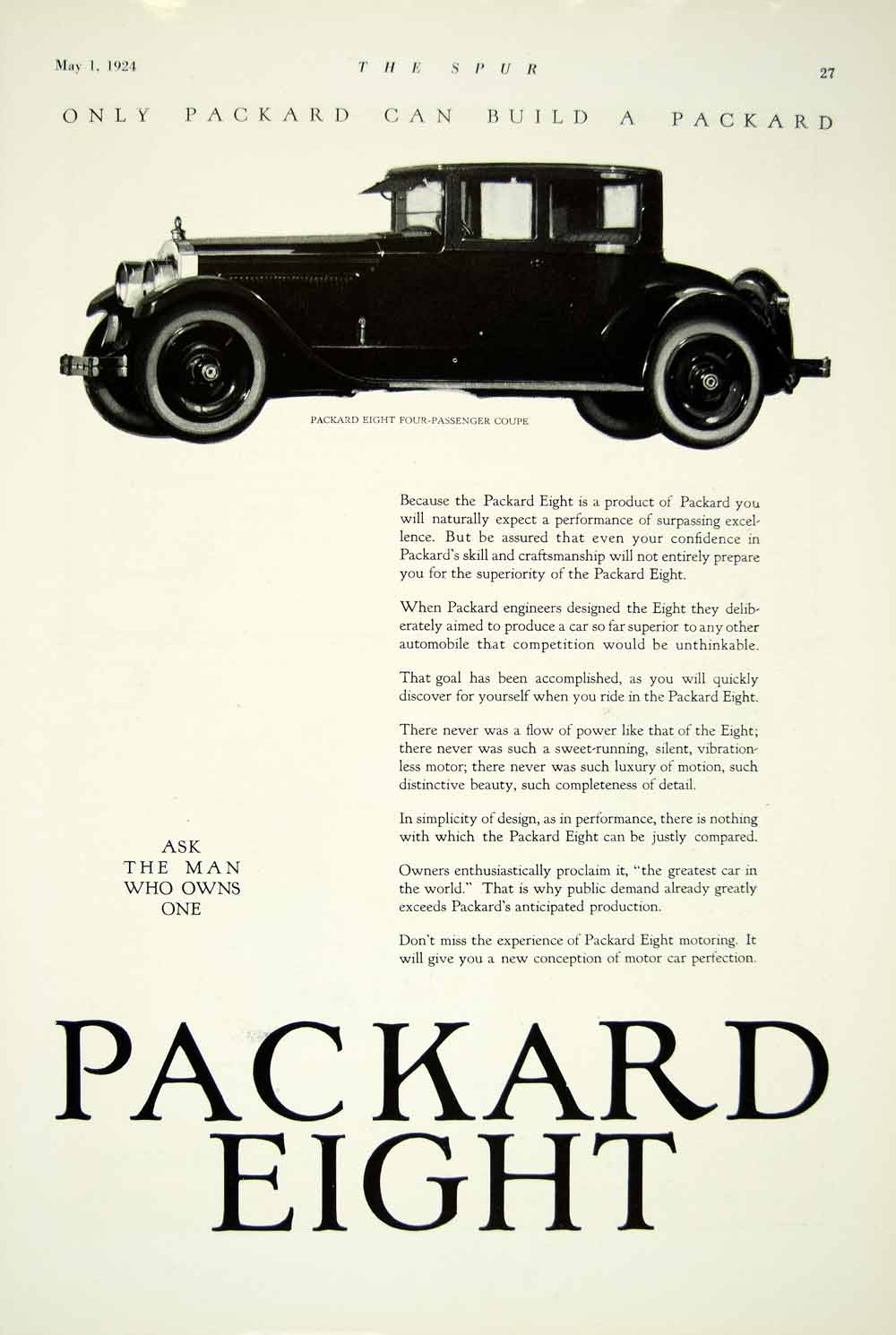 1924 Ad Packard Eight 2 Door Coupe Luxury Automobile Classic Four Passenger YTS2