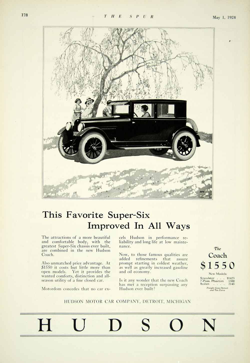 1924 Ad Hudson 2 Door Coach Super Six Chassis Luxury Automobile Roaring YTS2
