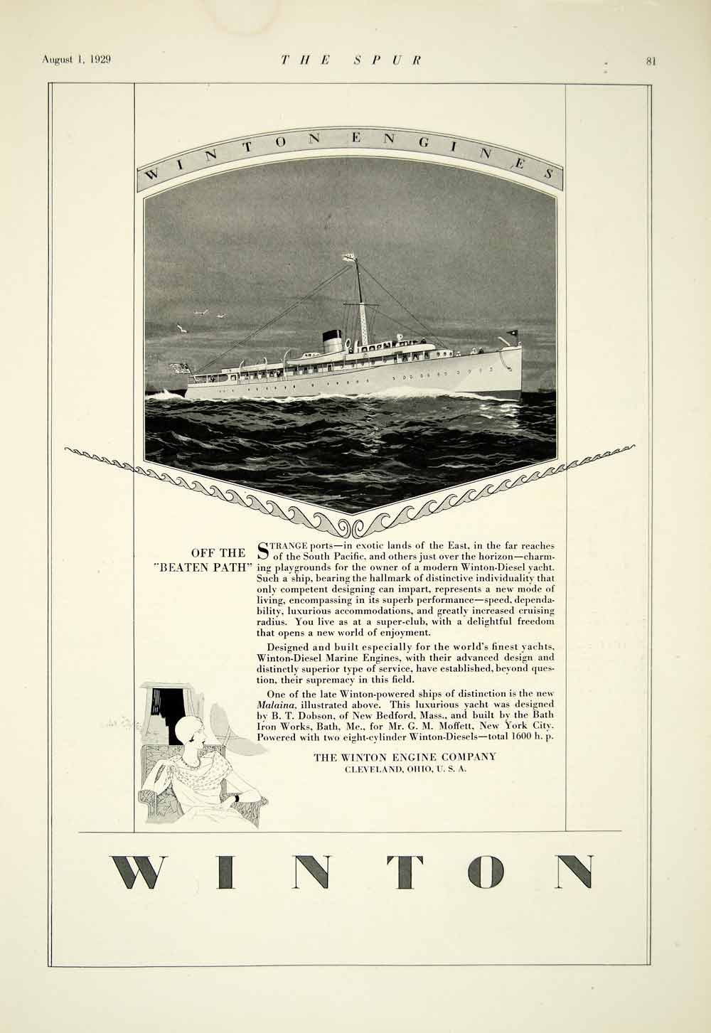 1929 Ad Winton Engine Cleveland OH Diesel Yacht Ship Transportation Malaina YTS2