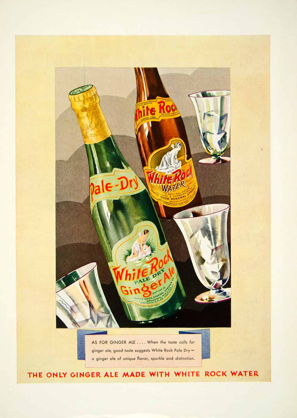 1931 Ad White Rock Bottled Water Ginger Ale Art Deco Beverage Drink Glass YTS2