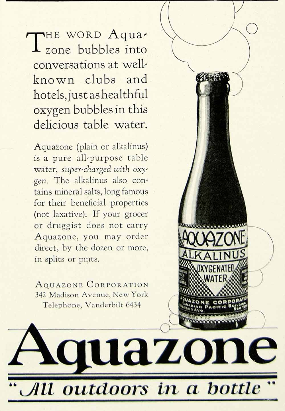 1924 Ad Aquazone Oxygenated Water Bottle Alkalinus 342 Madison Ave NY YTS2