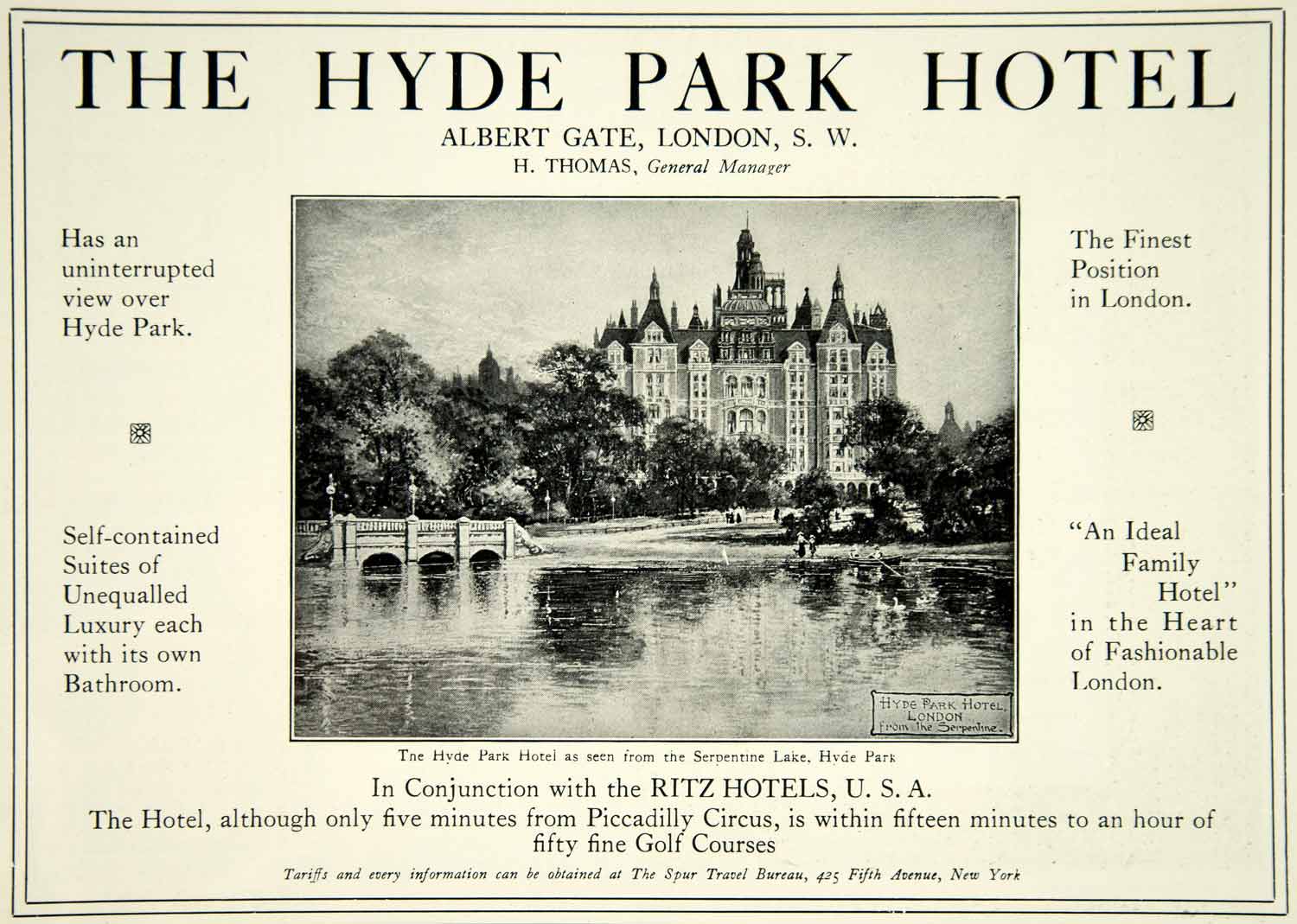 1924 Ad Hyde Park Hotel Albert Gate London England Serpentine Lake YTS2