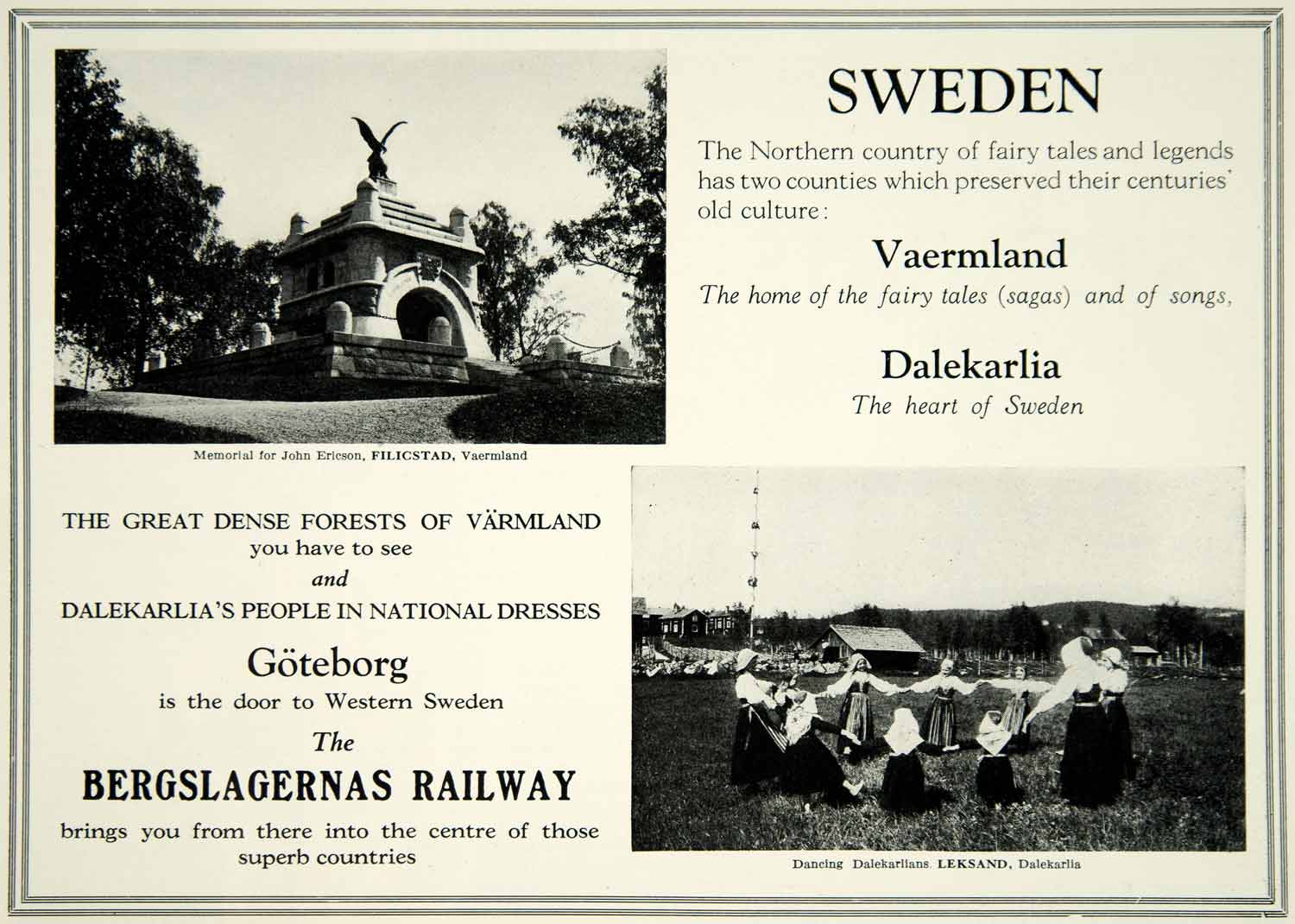 1924 Ad Sweden Vaermland Dalekarlia Bergslagernas Railway Folk Dance Travel YTS2