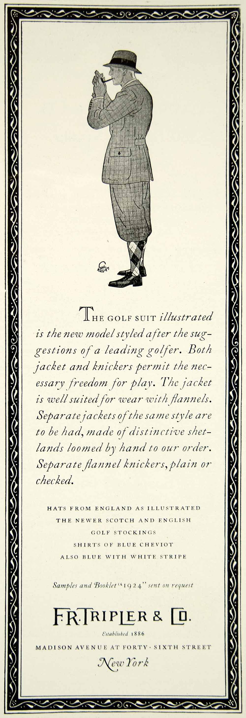 1924 Ad FR Tripler 46th St Madison Ave NY Golf Suit Fashion Haslam Art Pipe YTS2
