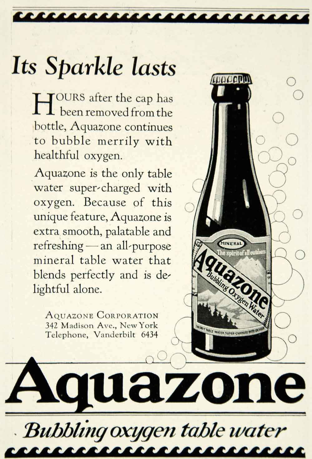 1924 Ad Aquazone Bubbling Oxygen Water Bottle Label 342 Madison Ave NY YTS2