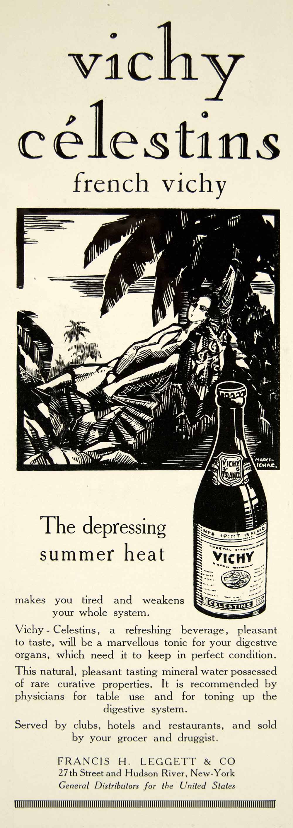 1929 Ad French Vichy Celestins Drink Tonic Mineral Water Marcel Ichac Art YTS2