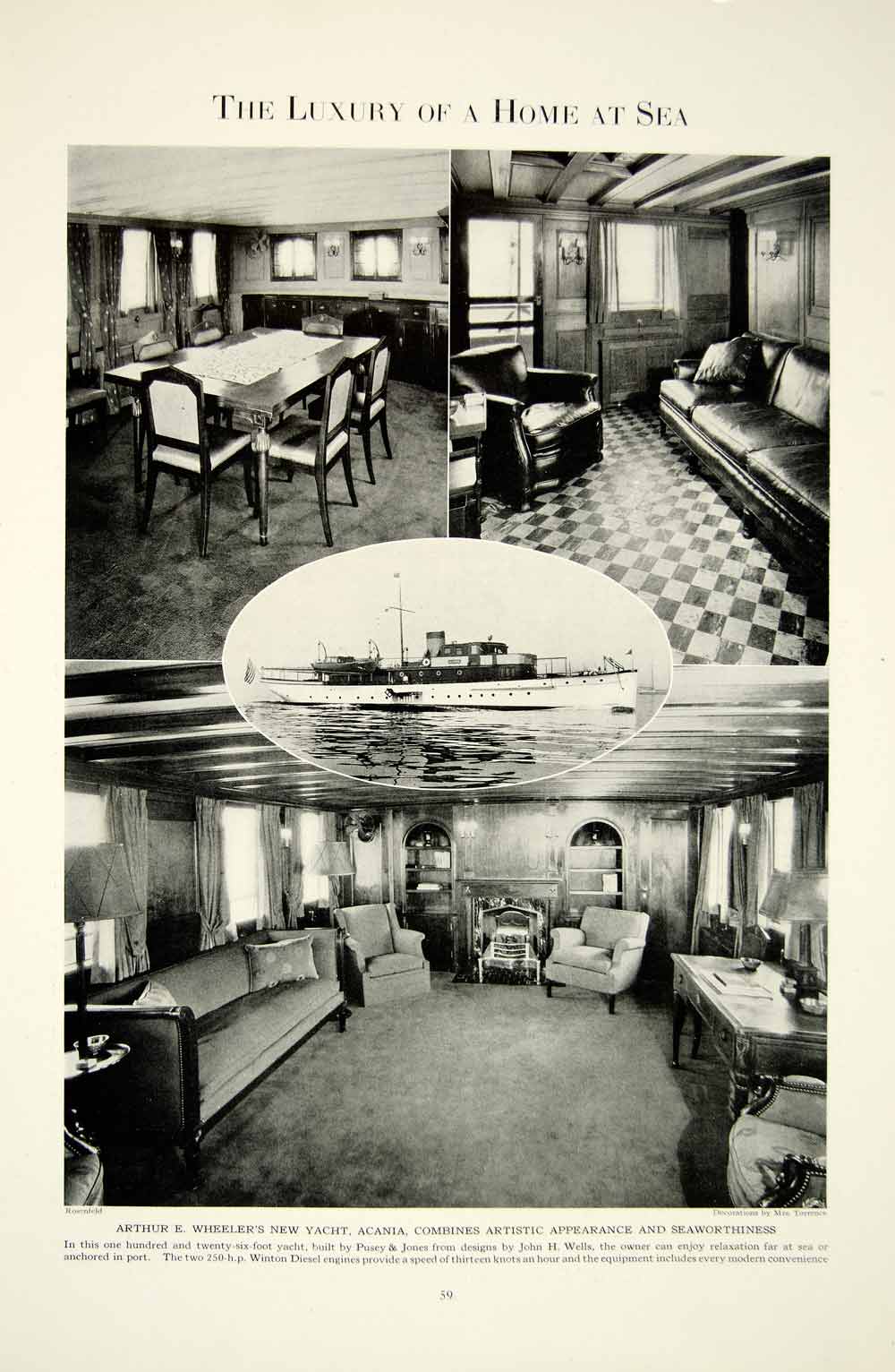 1929 Print 26 Ft Yacht Pusey Jones Ship Luxury Interior Decor Arthur E YTS2