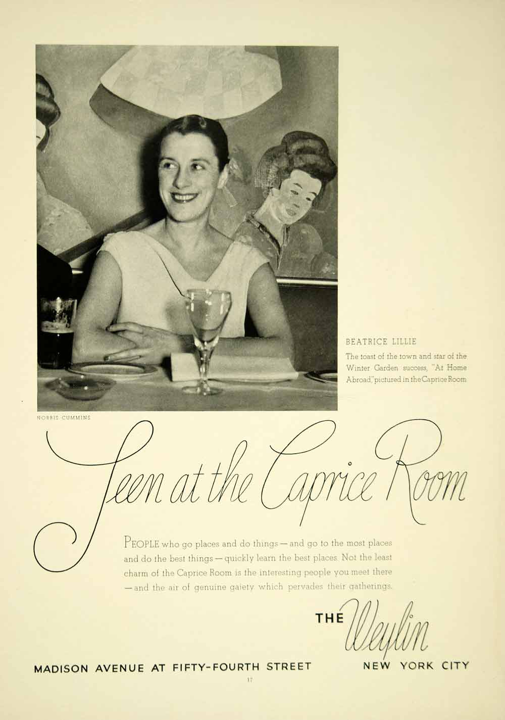 1935 Ad Beatrice Lillie Caprice Room Restaurant Hotel New York City Actress YTS3