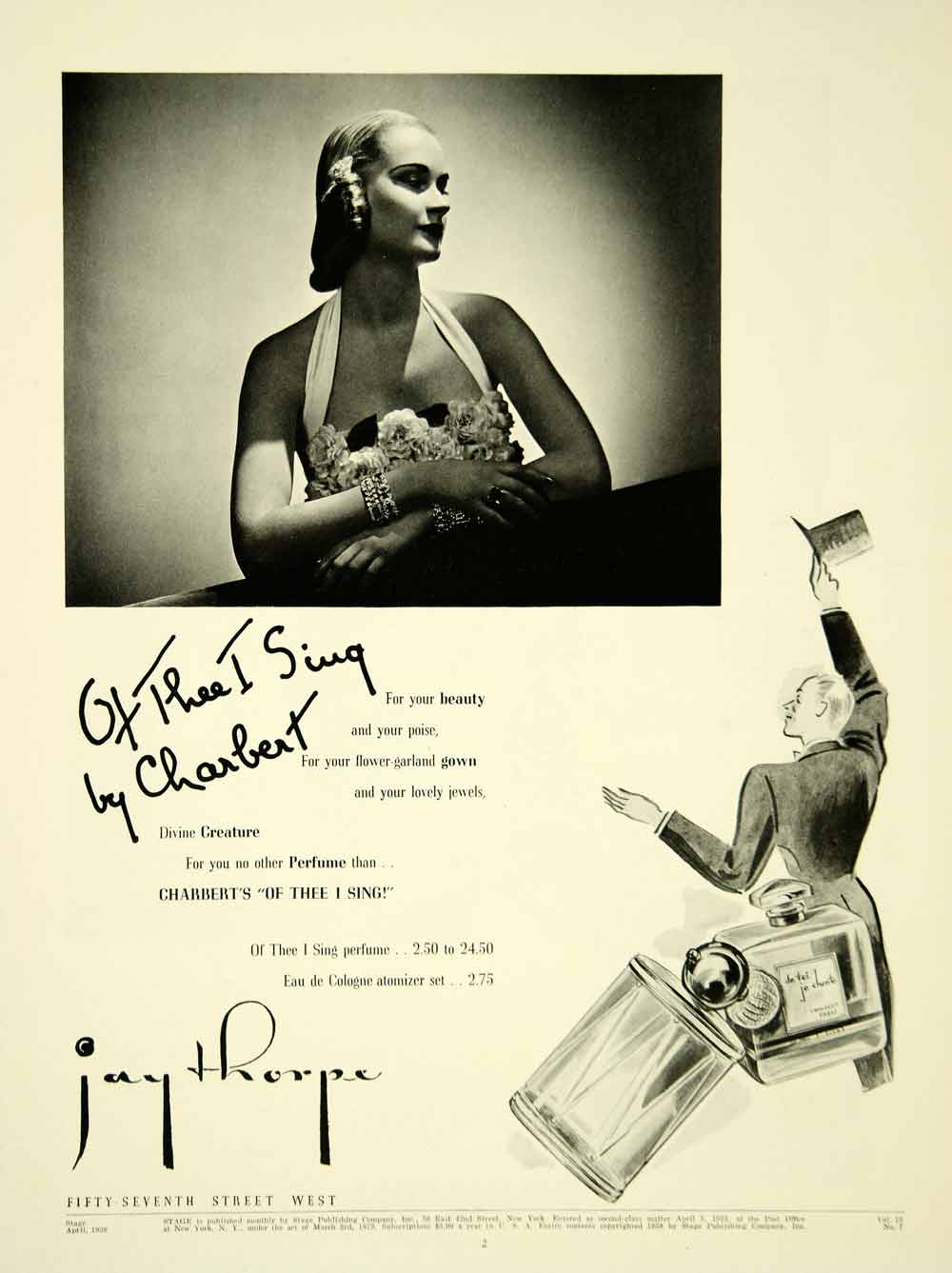 1938 Ad De Toi Je Chante Perfume Jay Thorpe Bottle Charbert Of Thee I Sing YTS3