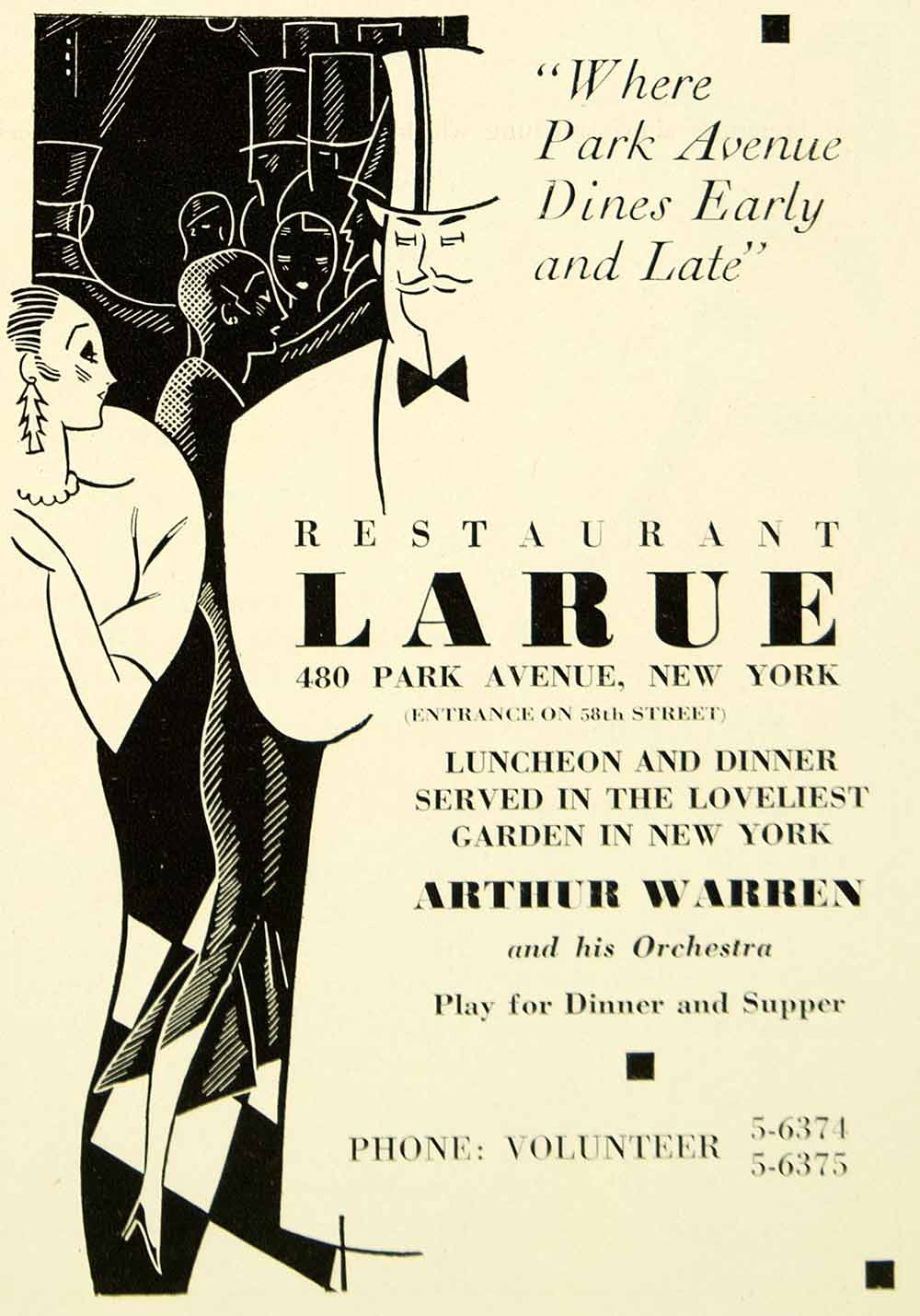 1935 Ad Restaurant Larue Night Club Arthur Warren Orchestra Art Deco Dance YTS3