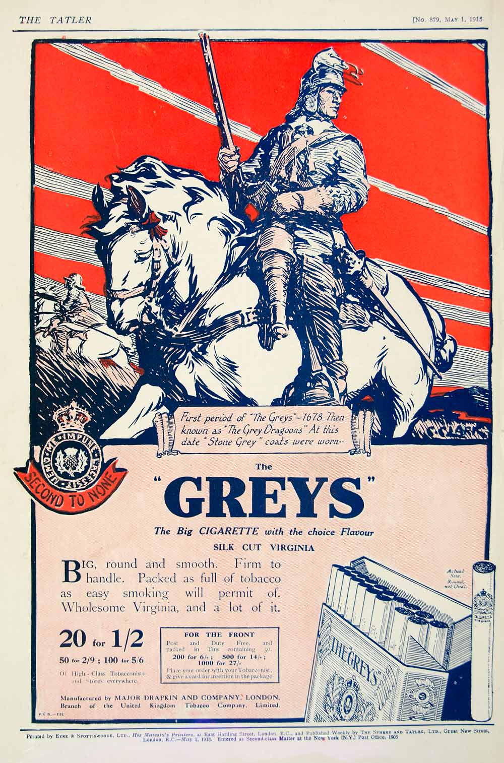 1918 Ad Greys Cigarettes Army Horse Tobacco Major Drapkin London Virginia  YTT1