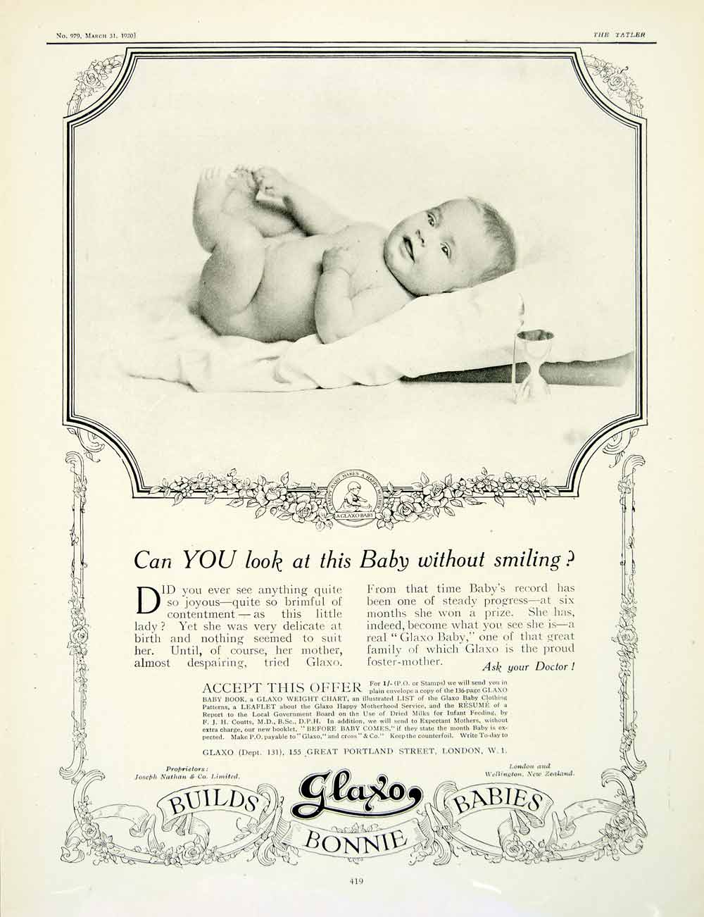 1918 Ad Glaxo Baby Food Child Infant London Border New Zealand Portrait YTT1