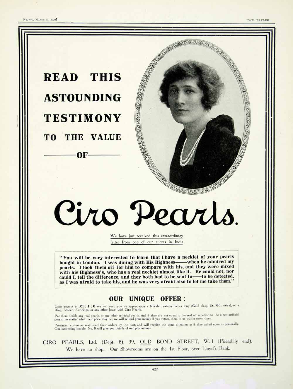 1918 Ad Ciro Pearls Jewelry London Piccadilly Lloyds Bank Portrait Woman YTT1
