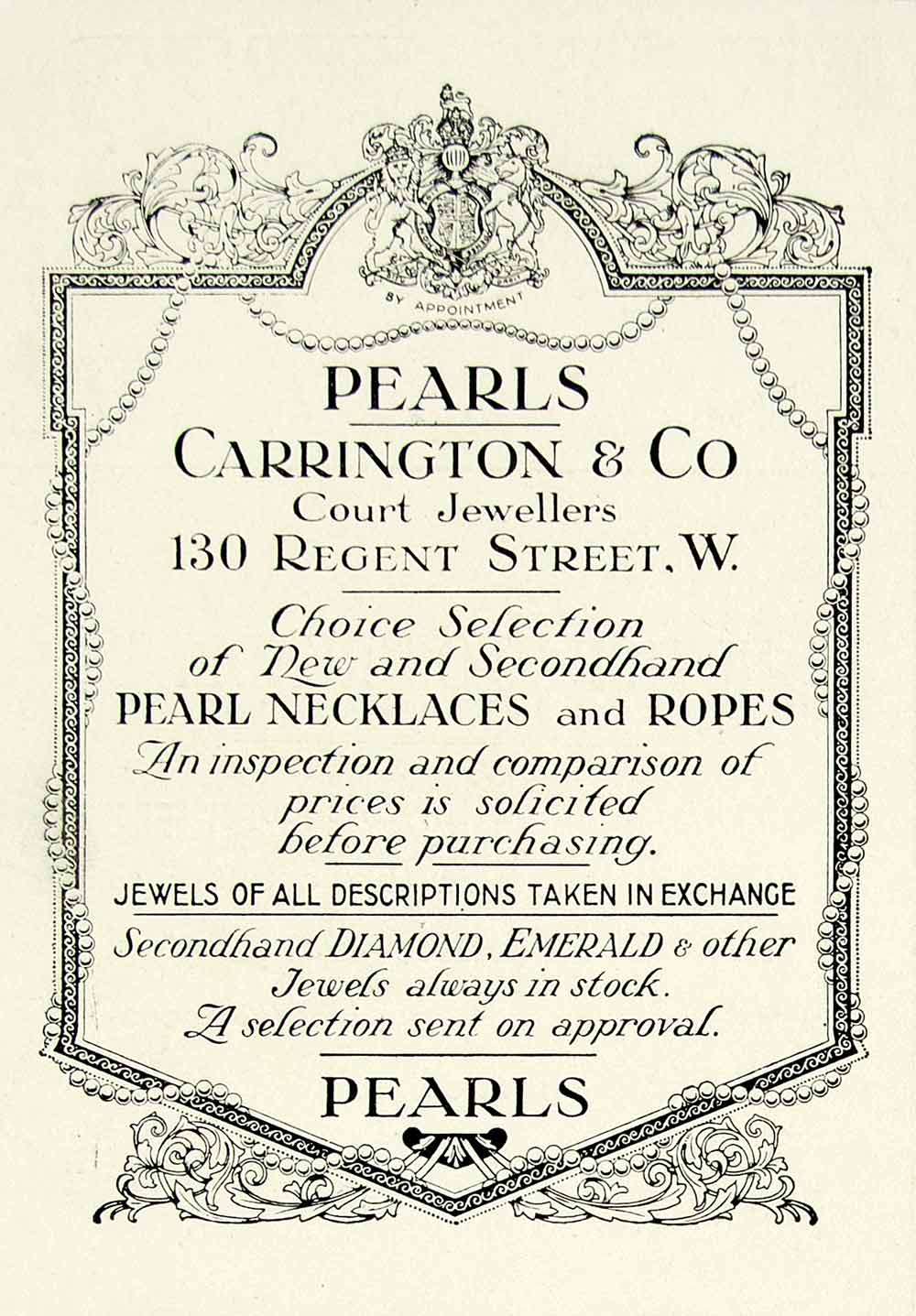 1918 Ad Secondhand Pearls Carrington Court Jewellers Necklace Jewelry YTT1