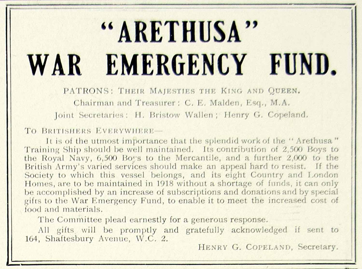 1918 Ad Atethusa War Emergency Fund King Queen British England Henry G YTT1