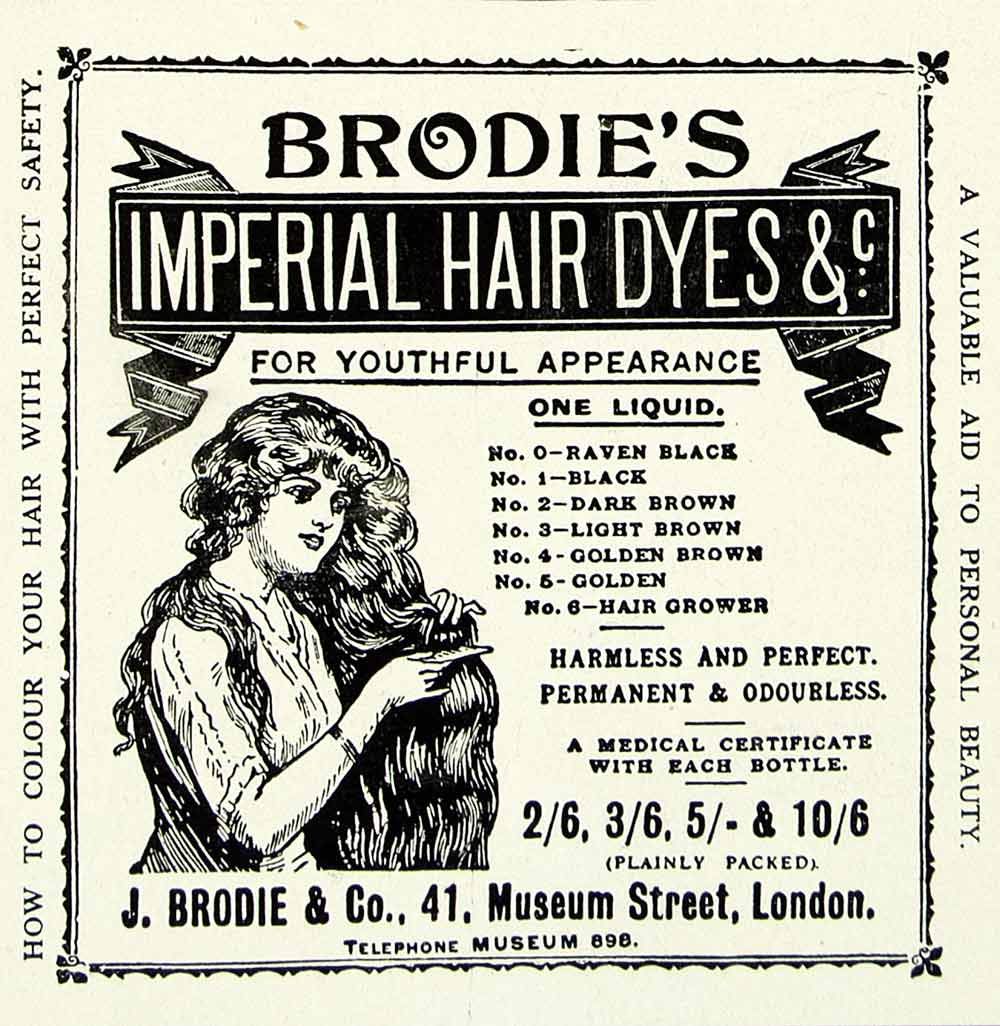 1918 Ad J. Brodie Imperial Hair Dye Permanent Color London England Museum YTT1
