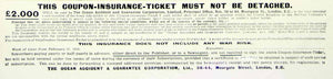 1918 Ad Coupon Insurance Ticket Ocean Accident Guarantee London England YTT1