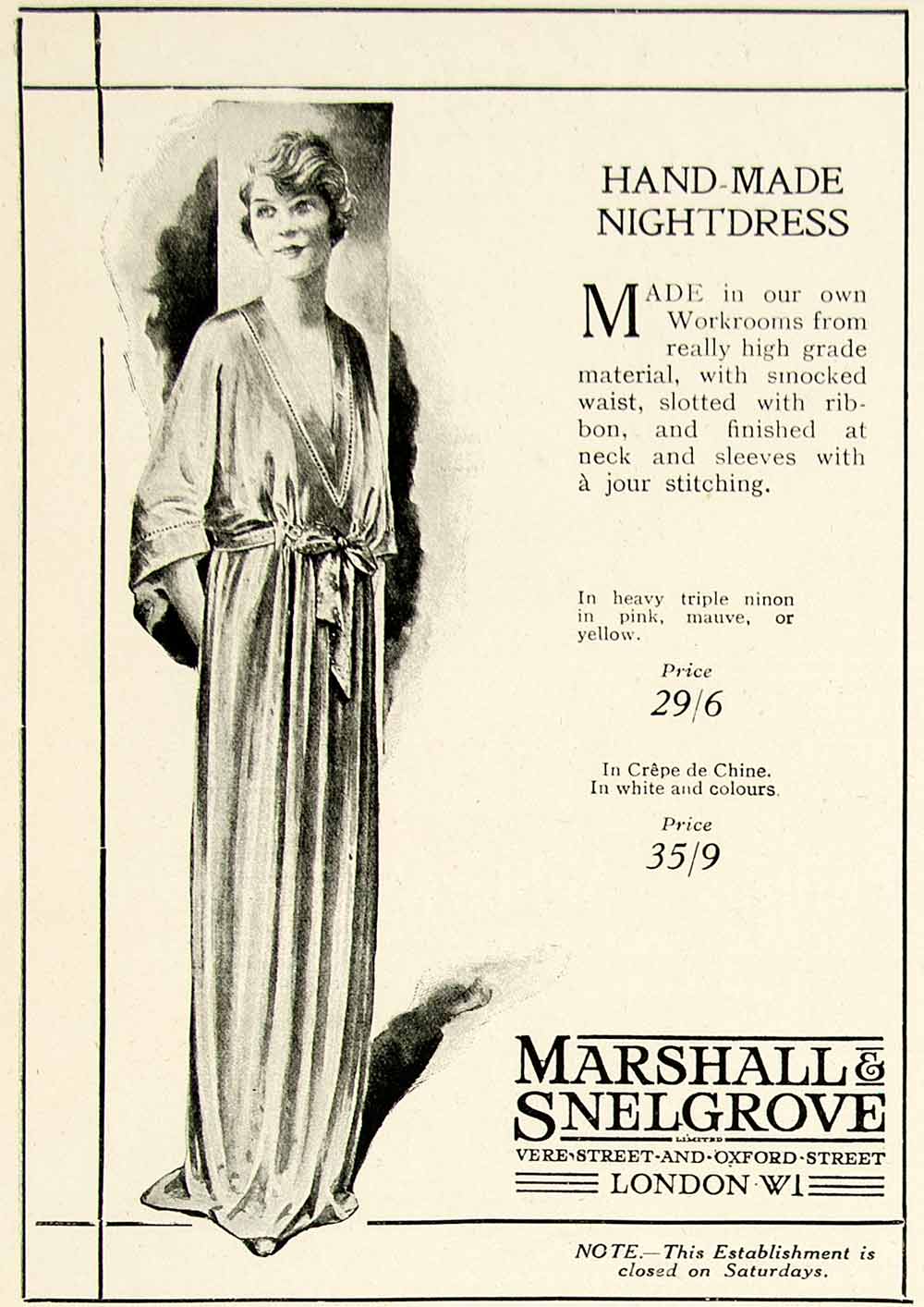 1918 Ad Handmade Nightdress Gown Marshall Snelgrove London England Woman YTT1
