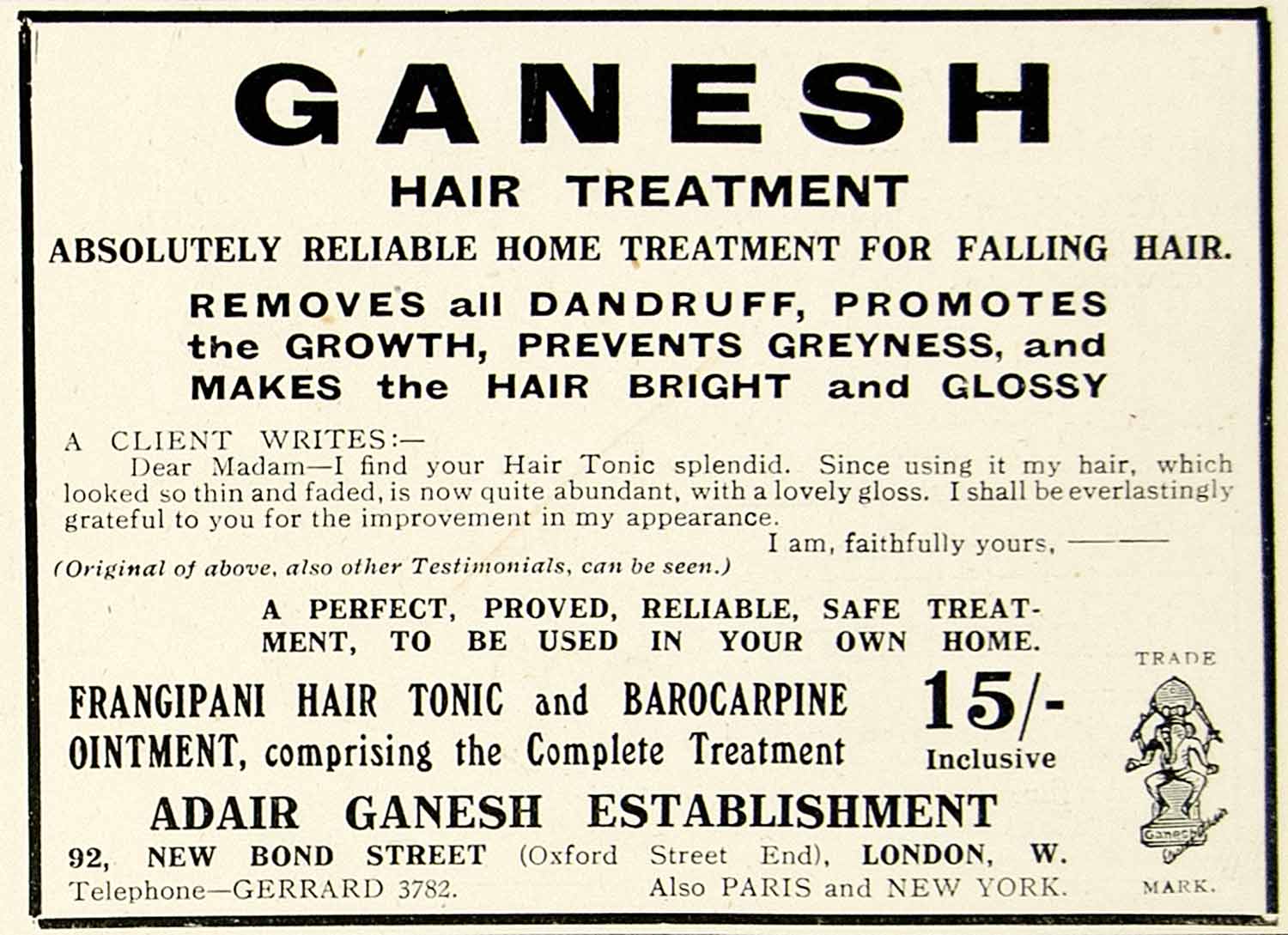 1918 Ad Ganesh Hair Treatment Home Adair Establishment London Tonic Bald YTT1
