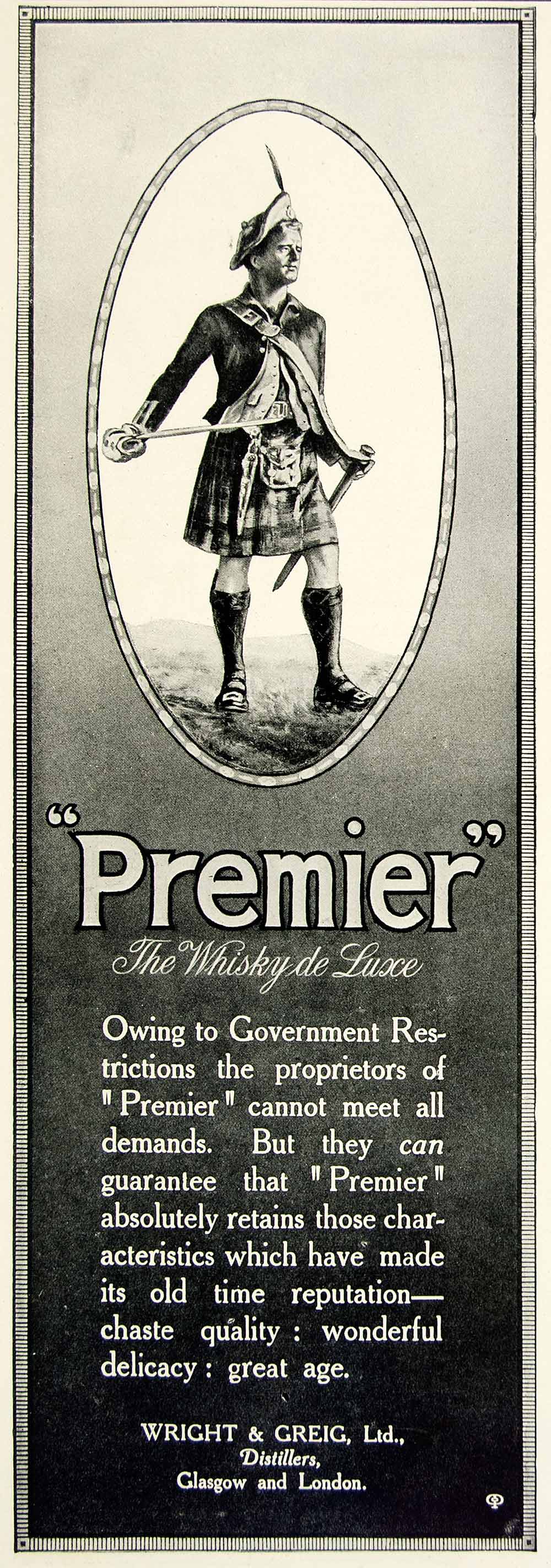1918 Ad Premier Whisky Luxe Wright Greig Glasgow London Distillery Portrait YTT1