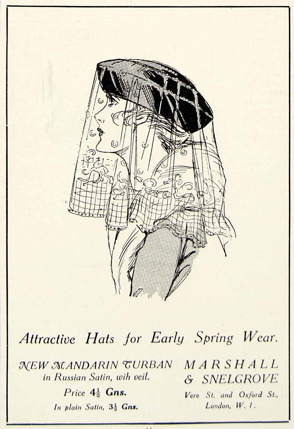 1918 Ad Mandarin Turbin Hat Veil Fashionable Marshall Snelgrove London YTT1