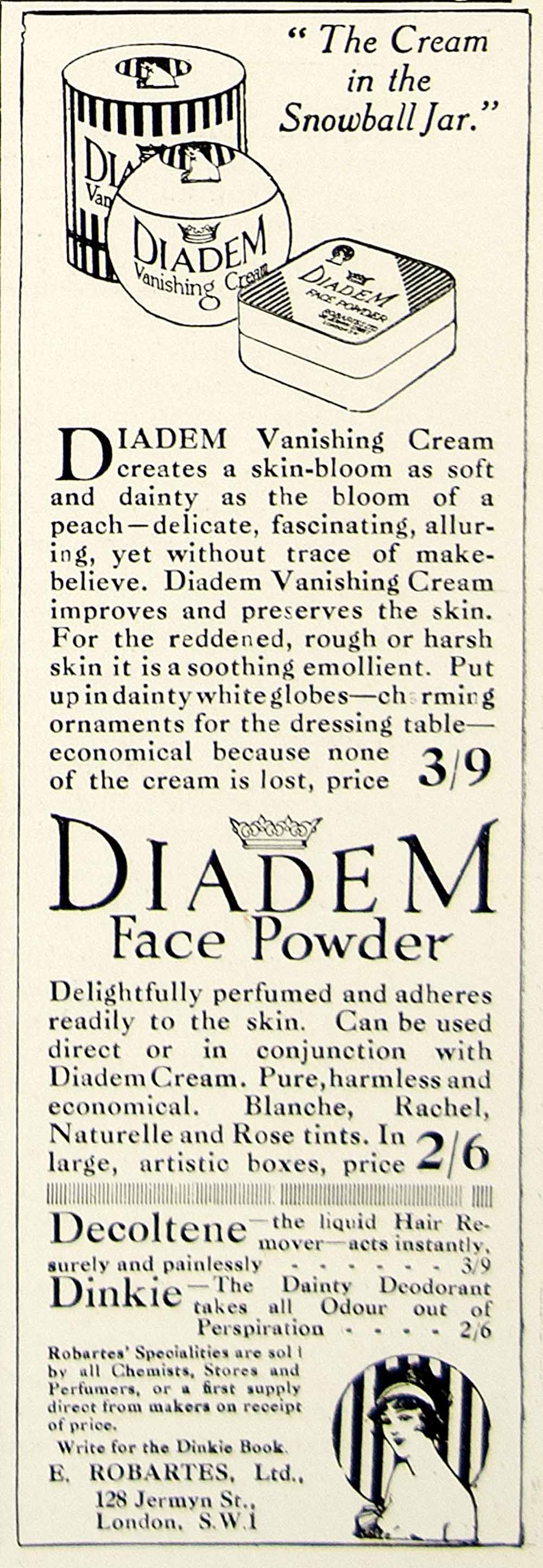 1918 Ad Diadem Face Powder Cream Snowball Jar Vanishing Skin Beauty YTT1