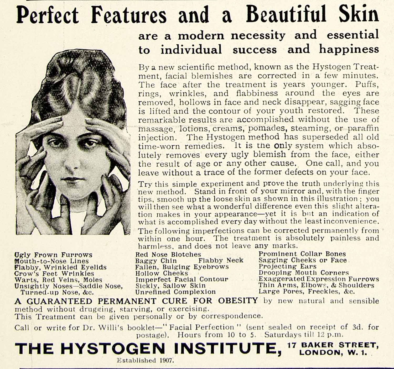 1918 Ad Hystogen Treatment Facial Blemish Beauty Features Institute London YTT1