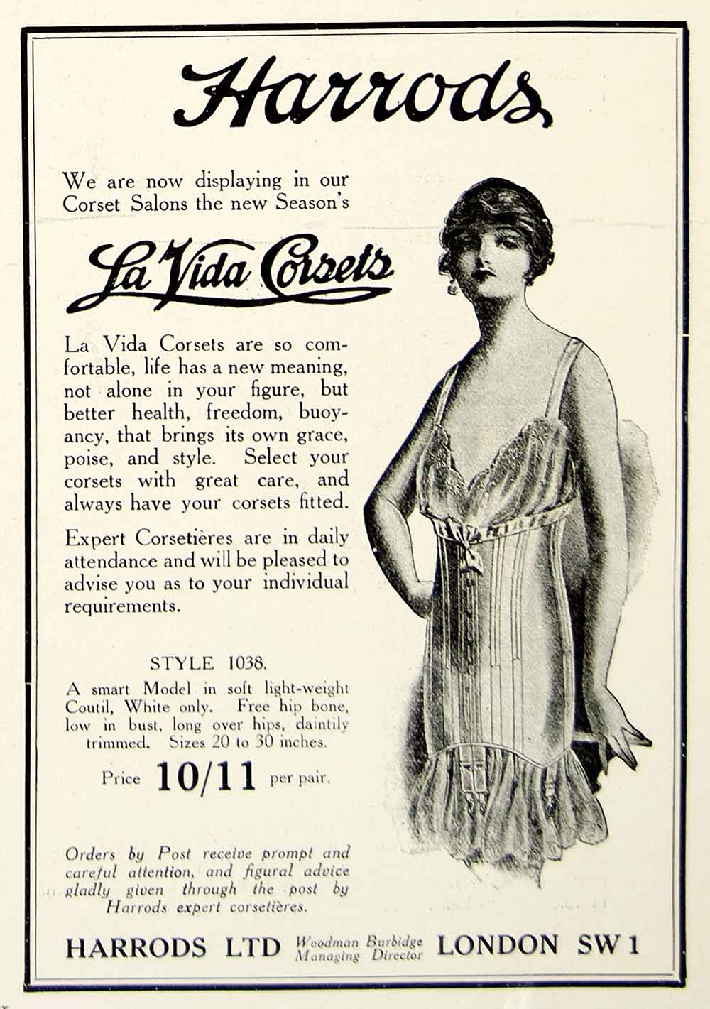 1918 Ad Harrod's La Vida Corsets London England Woman Fashion Beauty Model YTT1