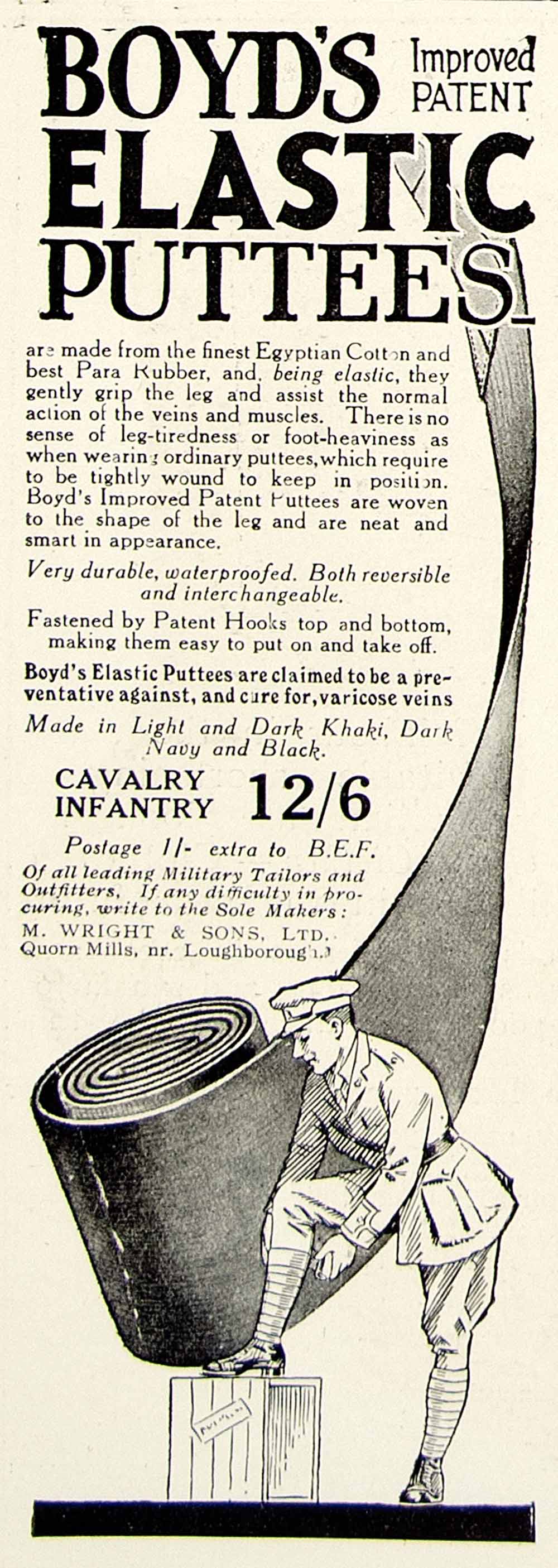 1918 Ad Boyd Elastic Puttees Egyptian Cotton Socks Varicose Veins Cavalry YTT1