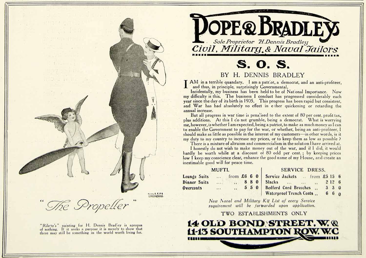 1918 Ad Pope H. Dennis Bradley Civil Military Naval Tailor Southampton YTT1