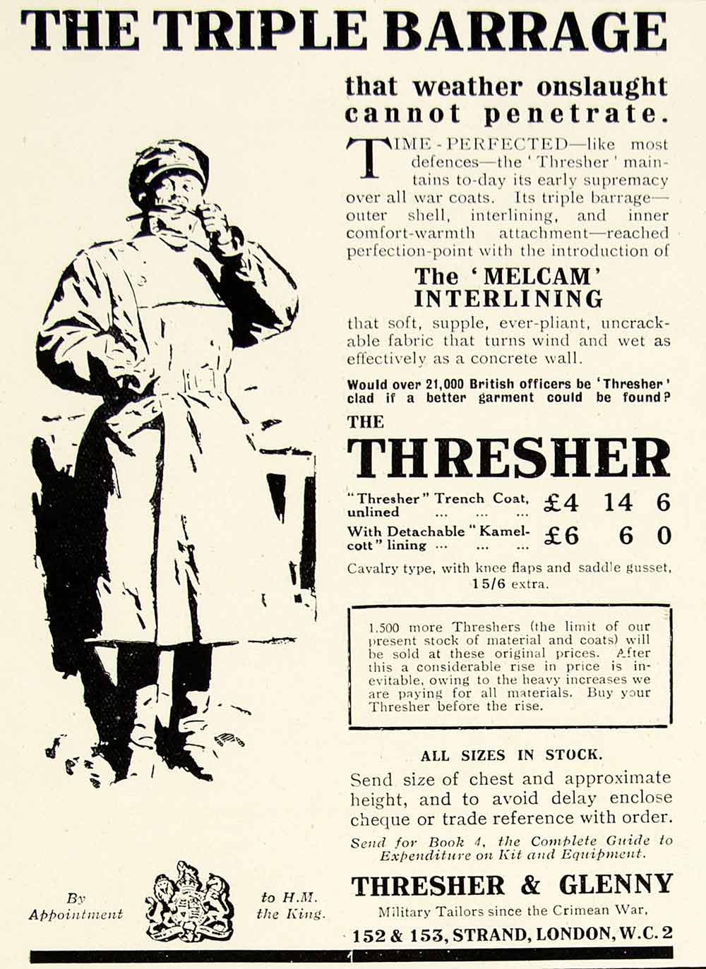 1918 Ad Triple Barrage Thresher Glenny London Rain Coat Jacket Melcam YTT1